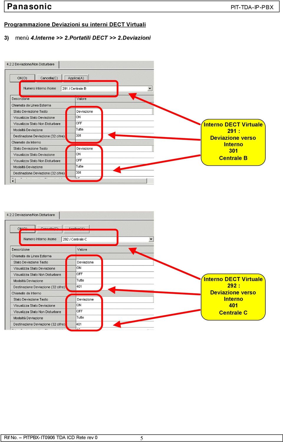 Deviazioni Interno DECT Virtuale 291 : Deviazione verso Interno 301