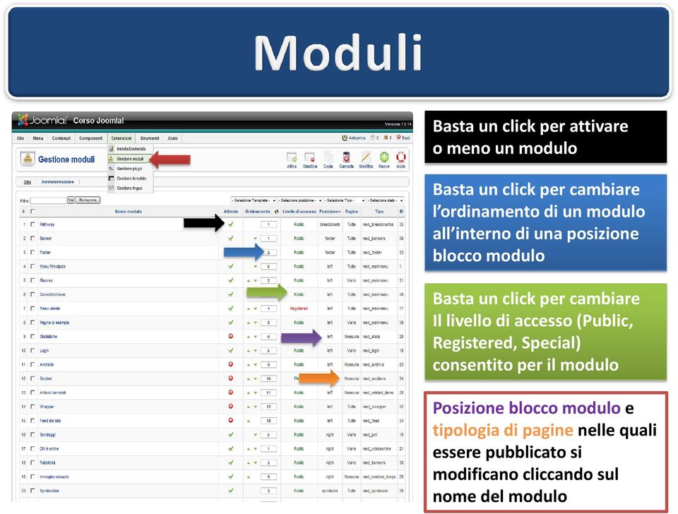 di accesso (Public, Registered, Special) consentito per il modulo Posizione blocco modulo e