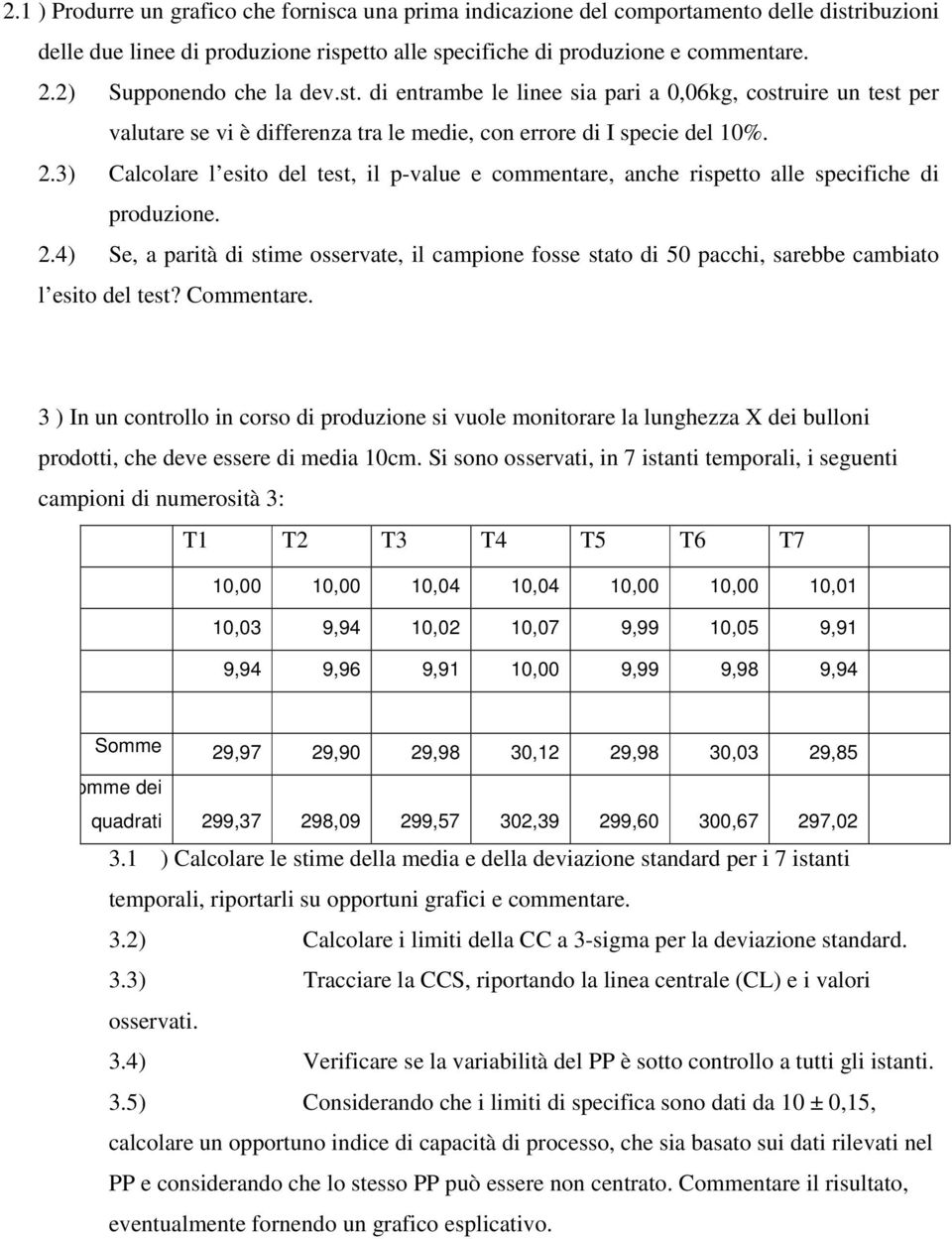 3) Calcolare l esito del test, il p-value e commentare, anche rispetto alle specifiche di produzione. 2.
