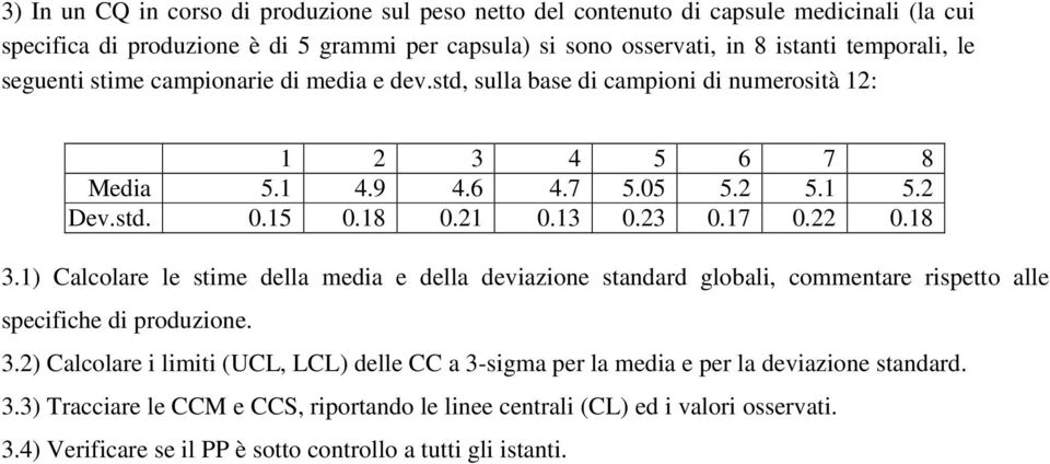 22 0.18 3.1) Calcolare le stime della media e della deviazione standard globali, commentare rispetto alle specifiche di produzione. 3.2) Calcolare i limiti (UCL, LCL) delle CC a 3-sigma per la media e per la deviazione standard.