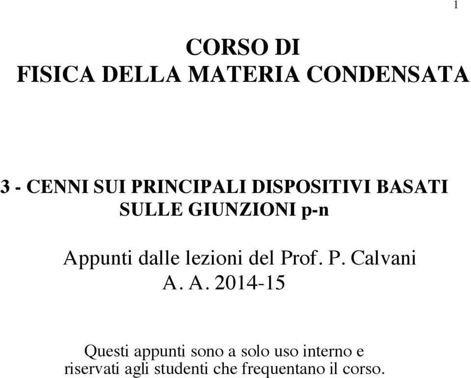 lezioni del Prof. P. Calvani A.