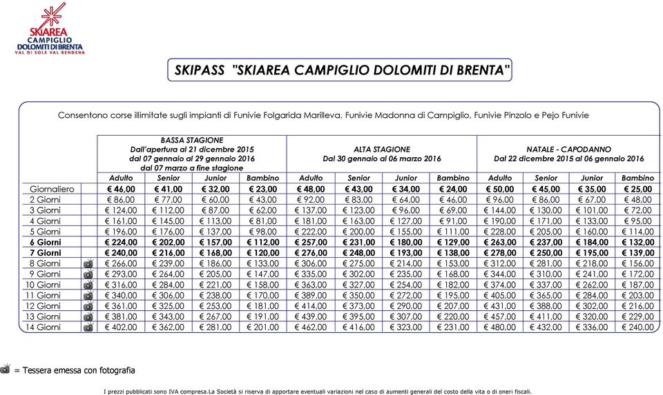 123,00 96,00 69,00 144,00 130,00 101,00 72,00 4 Giorni 161,00 145,00 113,00 81,00 181,00 163,00 127,00 91,00 190,00 171,00 133,00 95,00 5 Giorni 196,00 176,00 137,00 98,00 222,00 200,00 155,00 111,00