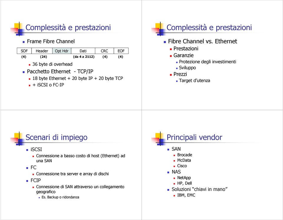 Ethernet Prestazioni Garanzie Protezione degli investimenti Sviluppo Prezzi Target d utenza Scenari di impiego iscsi FC Connessione a basso costo di host