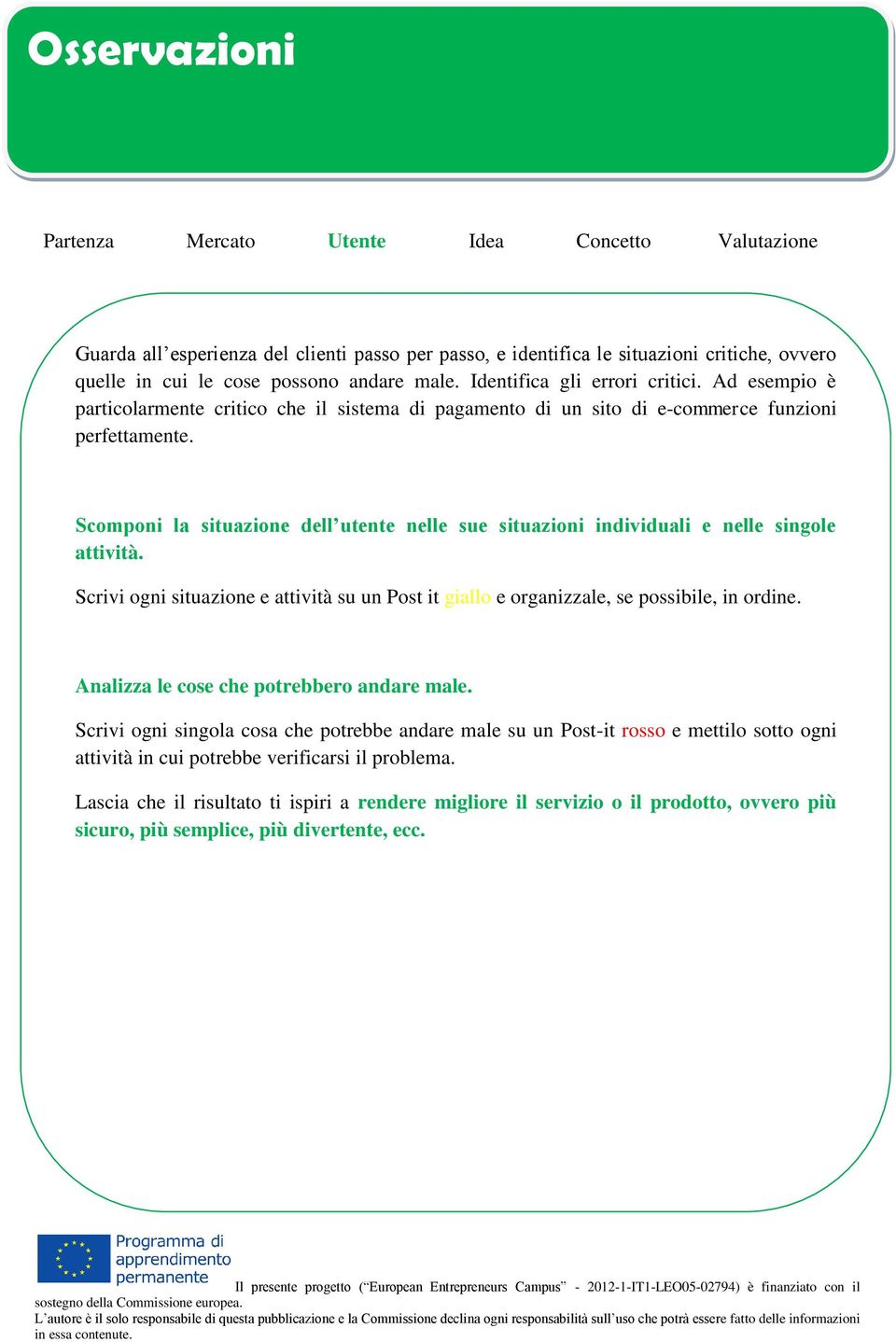 Scomponi la situazione dell utente nelle sue situazioni individuali e nelle singole attività. Scrivi ogni situazione e attività su un Post it giallo e organizzale, se possibile, in ordine.