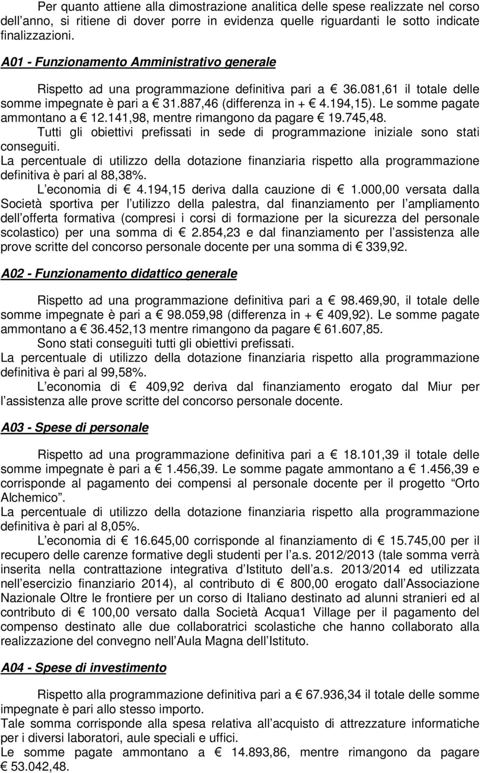 Le somme pagate ammontano a 12.141,98, mentre rimangono da pagare 19.745,48. Tutti gli obiettivi prefissati in sede di programmazione iniziale sono stati conseguiti.