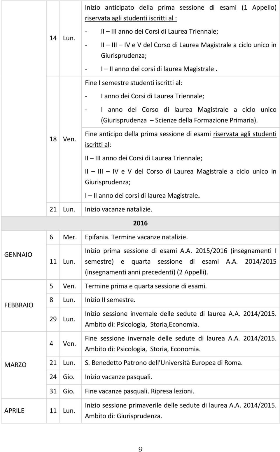 Fine I semestre studenti iscritti al: - I anno dei Corsi di Laurea Triennale; - I anno del Corso di laurea Magistrale a ciclo unico (Giurisprudenza Scienze della Formazione Primaria). 18 Ven.