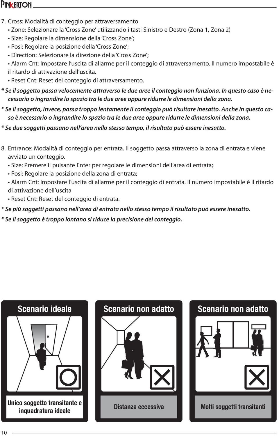 Il numero impostabile è il ritardo di attivazione dell uscita. Reset Cnt: Reset del conteggio di attraversamento. * Se il soggetto passa velocemente attraverso le due aree il conteggio non funziona.