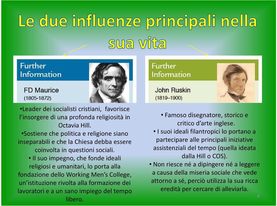 Il suo impegno, che fonde ideali religiosi e umanitari, lo porta alla fondazione dello Working Men s College, un istituzione rivolta alla formazione dei lavoratori e a un sano impiego del