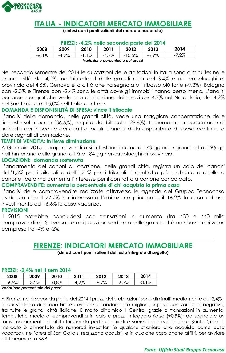 città del 3,4% e nei capoluoghi di provincia del 4,6%. Genova è la città che ha segnalato il ribasso più forte (-9,2%).