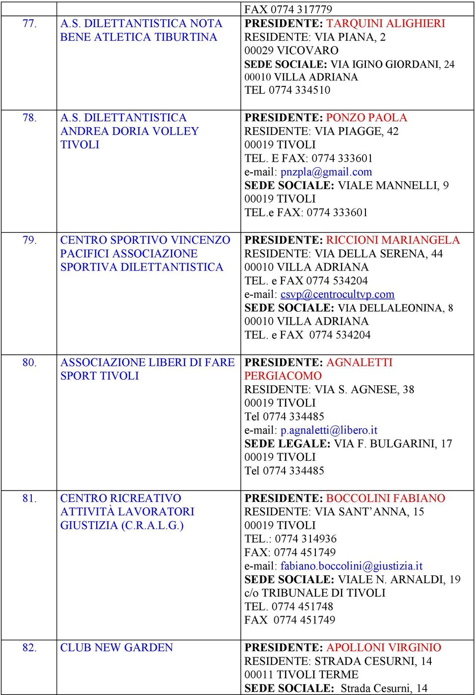 24 TEL 0774 334510 PRESIDENTE: PONZO PAOLA RESIDENTE: VIA PIAGGE, 42 TEL E FAX: 0774 333601 e-mail: pnzpla@gmailcom SEDE SOCIALE: VIALE MANNELLI, 9 TELe FAX: 0774 333601 PRESIDENTE: RICCIONI