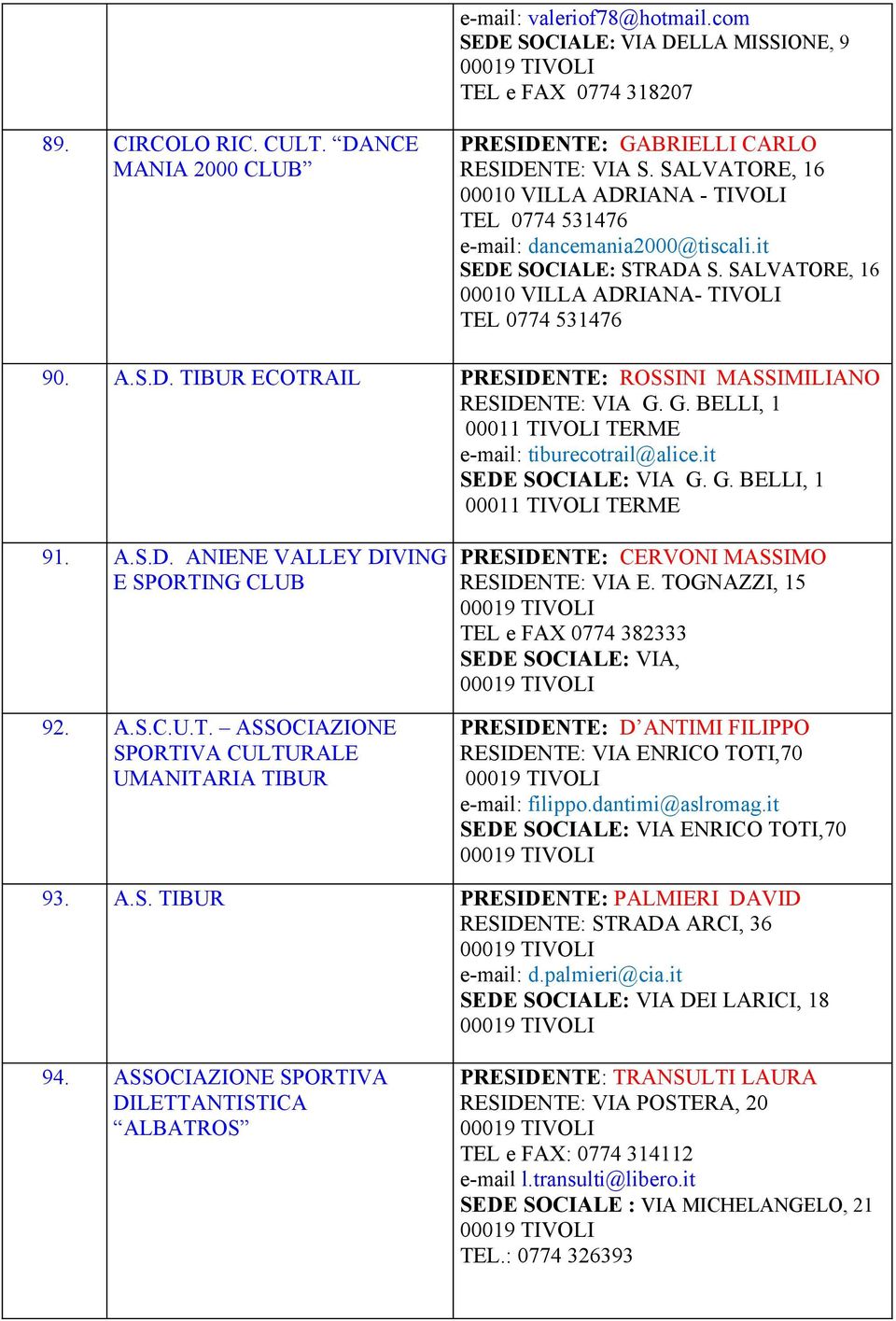 e-mail: tiburecotrail@aliceit SEDE SOCIALE: VIA G G BELLI, 1 91 ASD ANIENE VALLEY DIVING E SPORTING CLUB 92 ASCUT ASSOCIAZIONE SPORTIVA CULTURALE UMANITARIA TIBUR PRESIDENTE: CERVONI MASSIMO