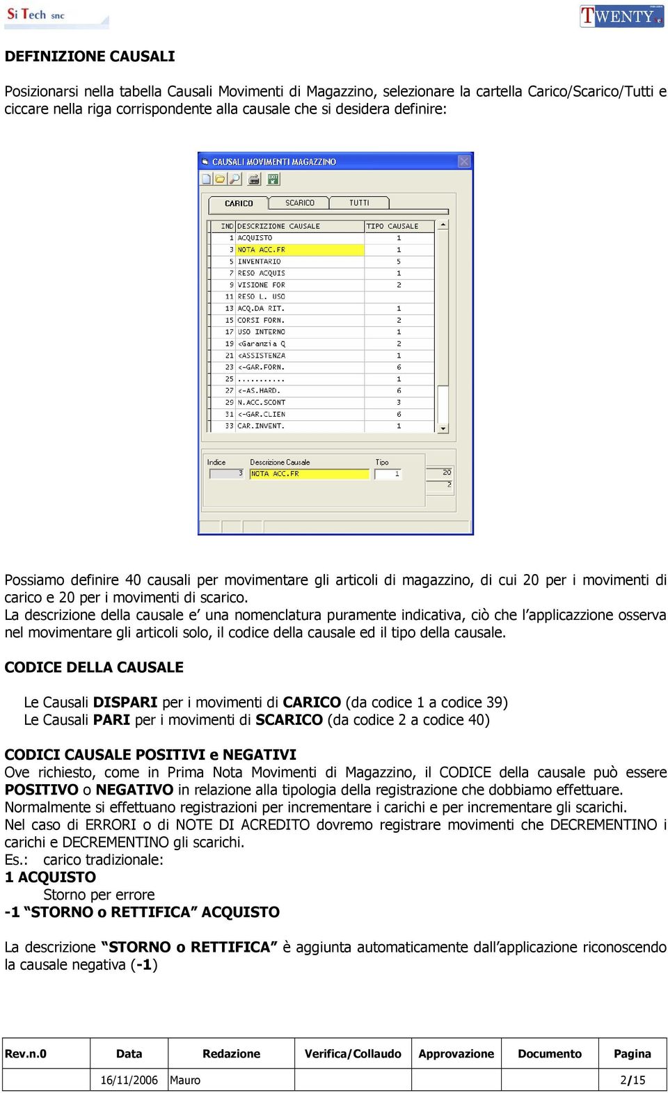 La descrizione della causale e una nomenclatura puramente indicativa, ciò che l applicazzione osserva nel movimentare gli articoli solo, il codice della causale ed il tipo della causale.