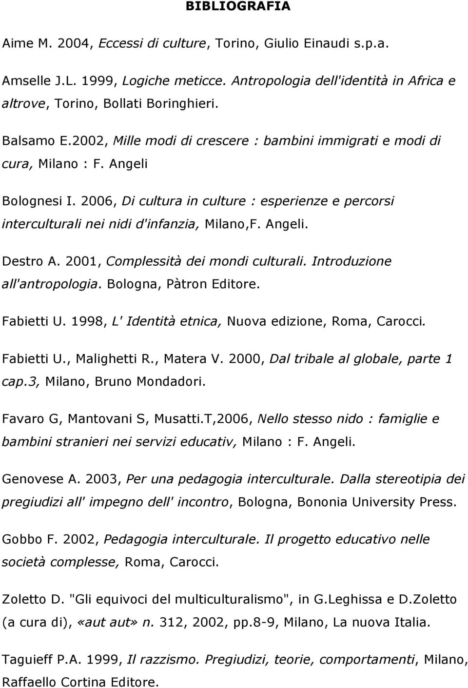 Angeli. Destro A. 2001, Complessità dei mondi culturali. Introduzione all'antropologia. Bologna, Pàtron Editore. Fabietti U. 1998, L' Identità etnica, Nuova edizione, Roma, Carocci. Fabietti U., Malighetti R.