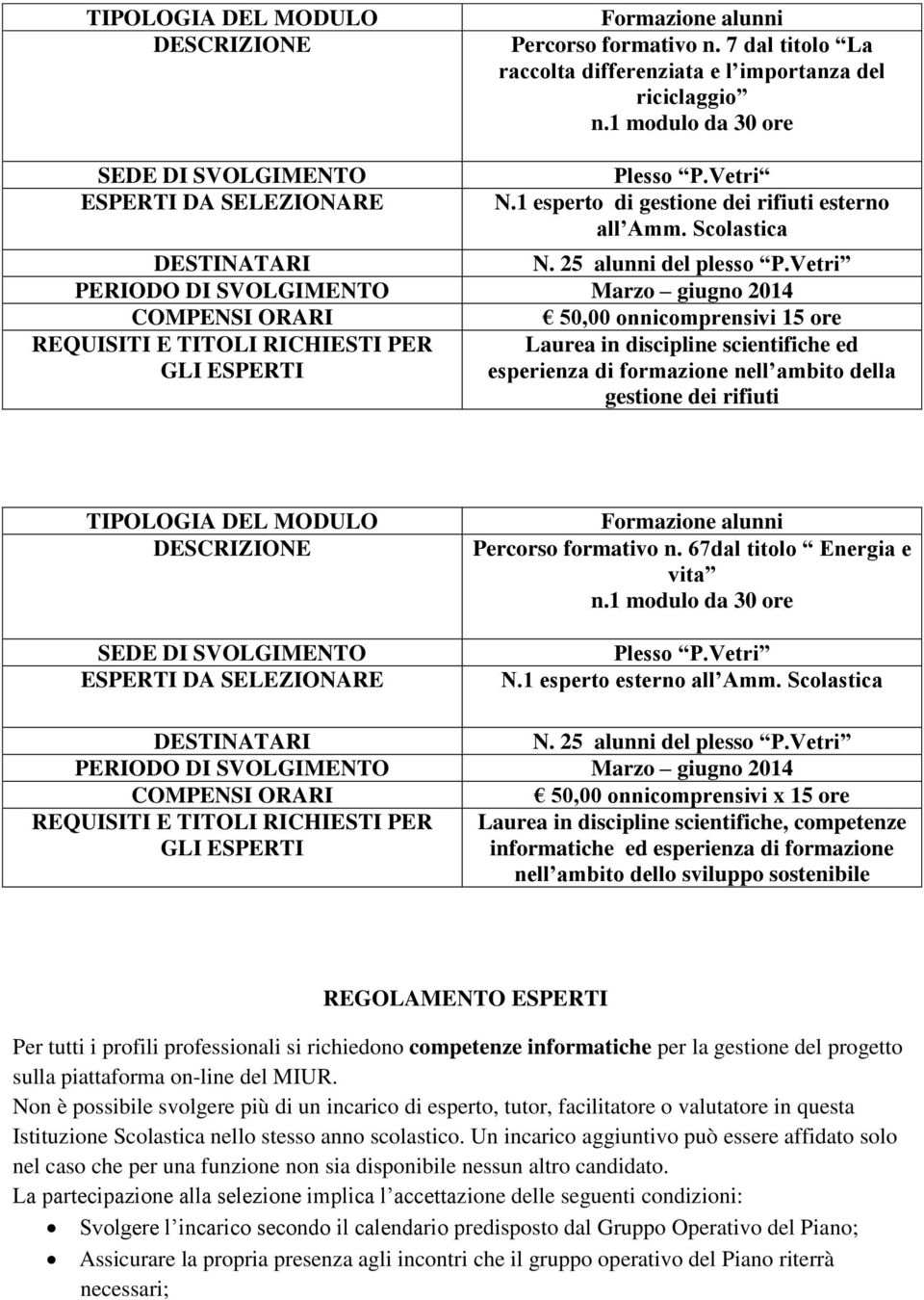 Vetri 50,00 onnicomprensivi 15 ore Laurea in discipline scientifiche ed esperienza di formazione nell ambito della gestione dei rifiuti TIPOLOGIA DEL MODULO SEDE DI SVOLGIMENTO ESPERTI DA SELEZIONARE