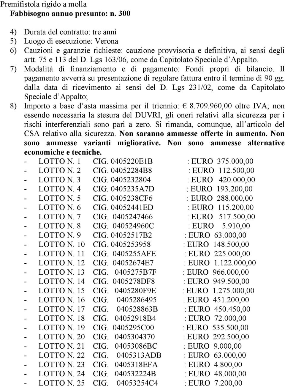 Lgs 163/06, come da Capitolato Speciale d Appalto. 7) Modalità di finanziamento e di pagamento: Fondi propri di bilancio.