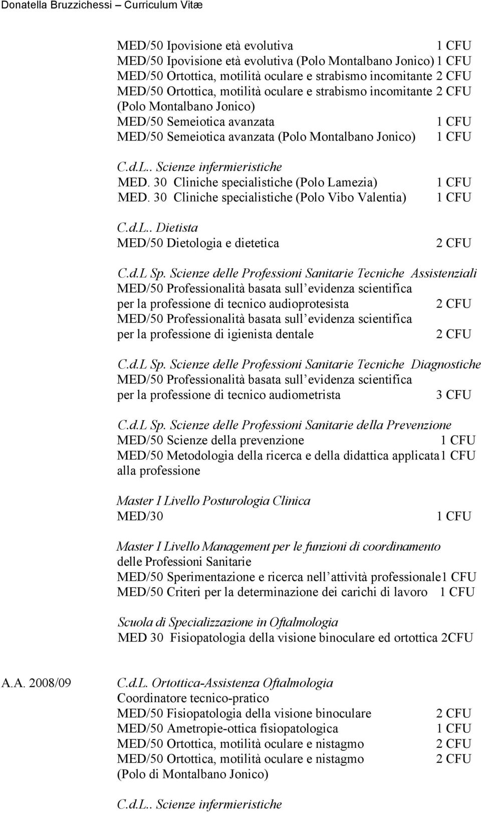 30 Cliniche specialistiche (Polo Vibo Valentia) C.d.L.. Dietista MED/50 Dietologia e dietetica C.d.L Sp.