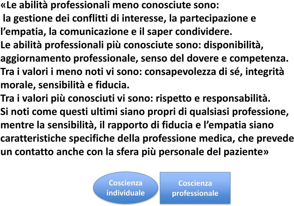 Tra i valori i meno noti vi sono: consapevolezza di sé, integrità morale, sensibilità e fiducia. Tra i valori più conosciuti vi sono: rispetto e responsabilità.