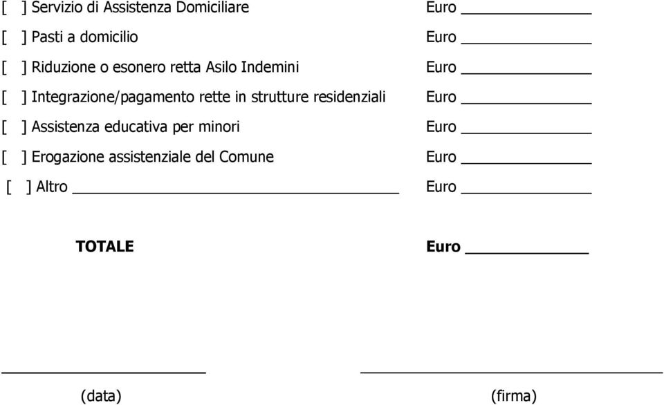 rette in strutture residenziali Euro [ ] Assistenza educativa per minori Euro