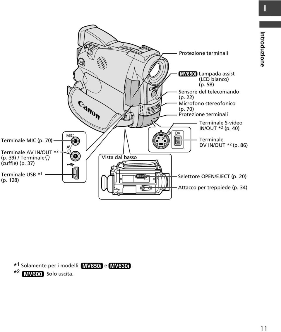 22) Microfono stereofonico (p. 70) Protezione terminali Terminale S-video N/OUT * 2 (p. 40) DV Terminale DV N/OUT * 2 (p.