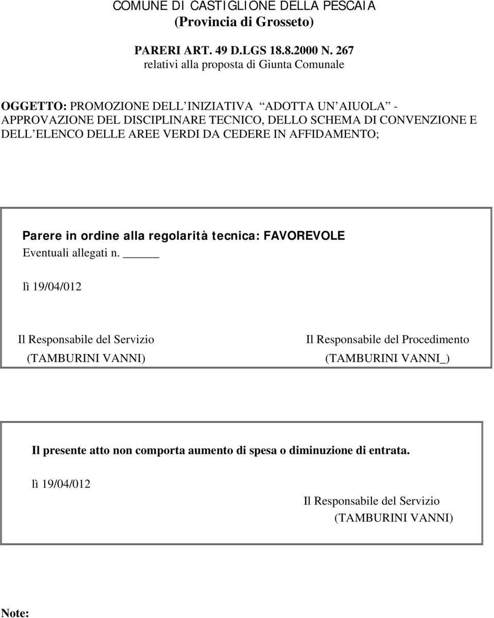 CONVENZIONE E DELL ELENCO DELLE AREE VERDI DA CEDERE IN AFFIDAMENTO; Parere in ordine alla regolarità tecnica: FAVOREVOLE Eventuali allegati n.