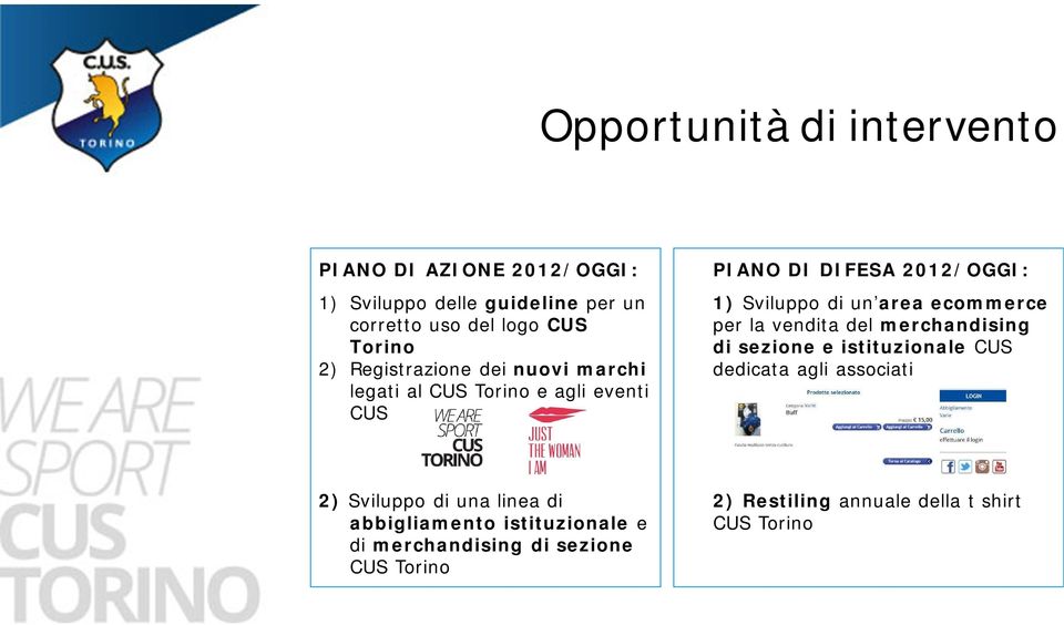 area ecommerce per la vendita del merchandising di sezione e istituzionale CUS dedicata agli associati 2) Sviluppo di