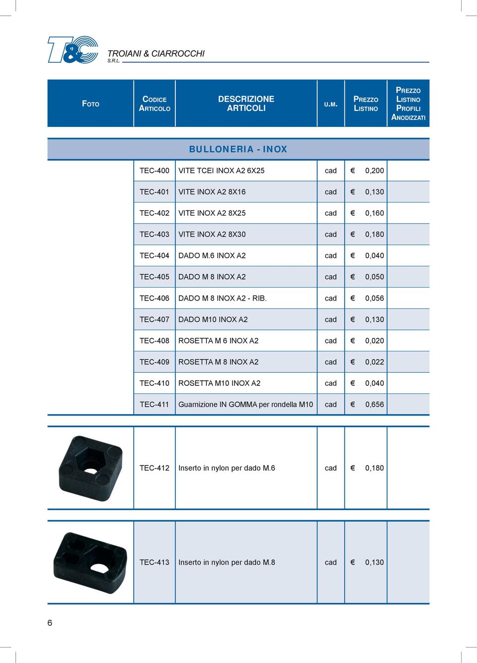 VITE INOX A2 8X30 cad 0,180 TEC-404 DADO M.6 INOX A2 cad 0,040 TEC-405 DADO M 8 INOX A2 cad 0,050 TEC-406 DADO M 8 INOX A2 - RIB.