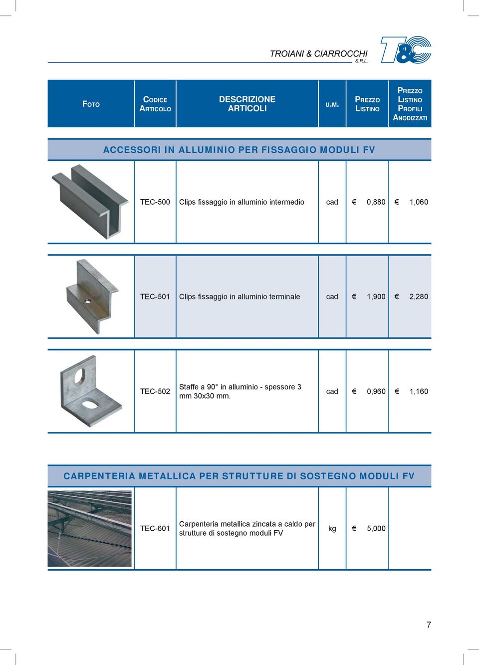 intermedio cad 0,880 1,060 TEC-501 Clips fi ssaggio in alluminio terminale cad 1,900 2,280 TEC-502 Staffe a 90 in