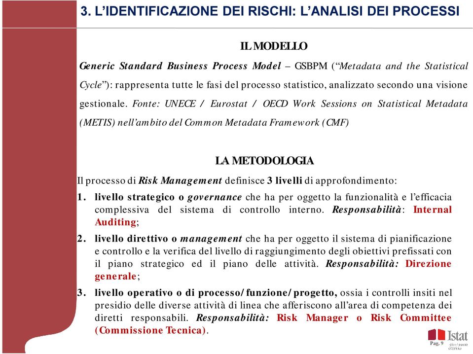 Fonte: UNECE / Eurostat / OECD Work Sessions on Statistical Metadata (METIS)nell ambitodelcommonmetadataframework(cmf) LA METODOLOGIA Ilprocessodi Risk Management definisce 3livelli