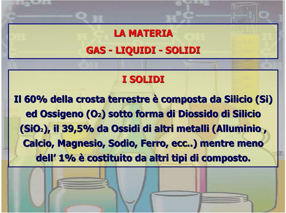 Silicio (SiO2), il 39,5% da Ossidi di altri metalli (Alluminio, Calcio,