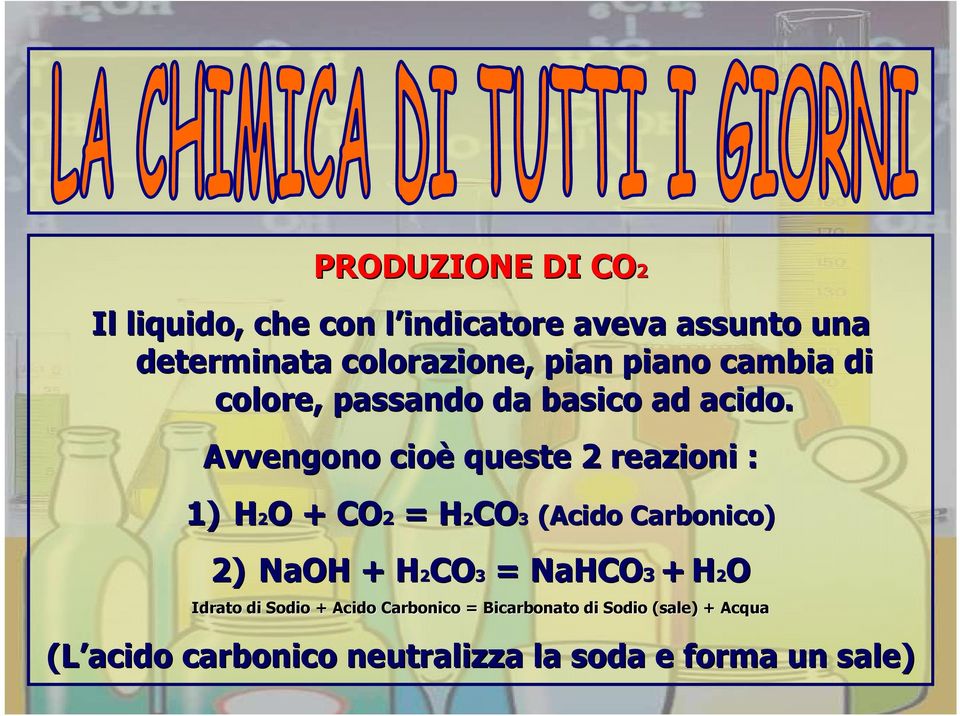 Avvengono cioè queste 2 reazioni : 1) H2O O + CO2= = H2COH CO3 (Acido Carbonico) 2) NaOH + H2COH