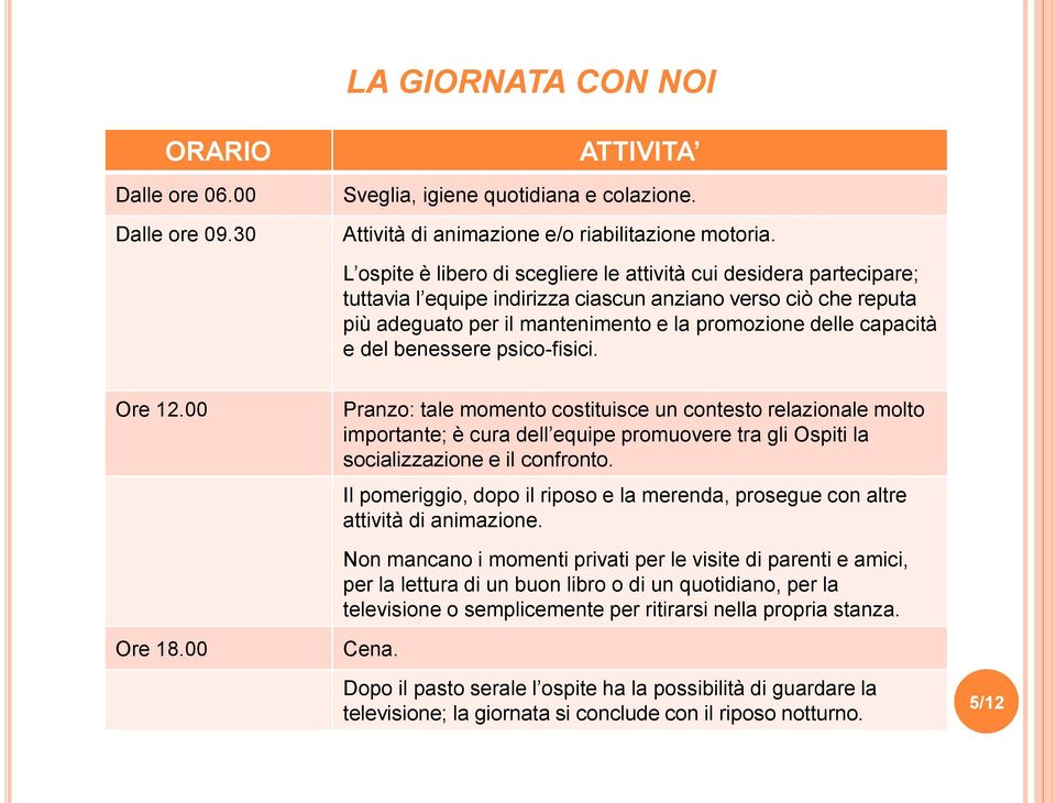 del benessere psico-fisici. Ore 12.00 Pranzo: tale momento costituisce un contesto relazionale molto importante; è cura dell equipe promuovere tra gli Ospiti la socializzazione e il confronto.