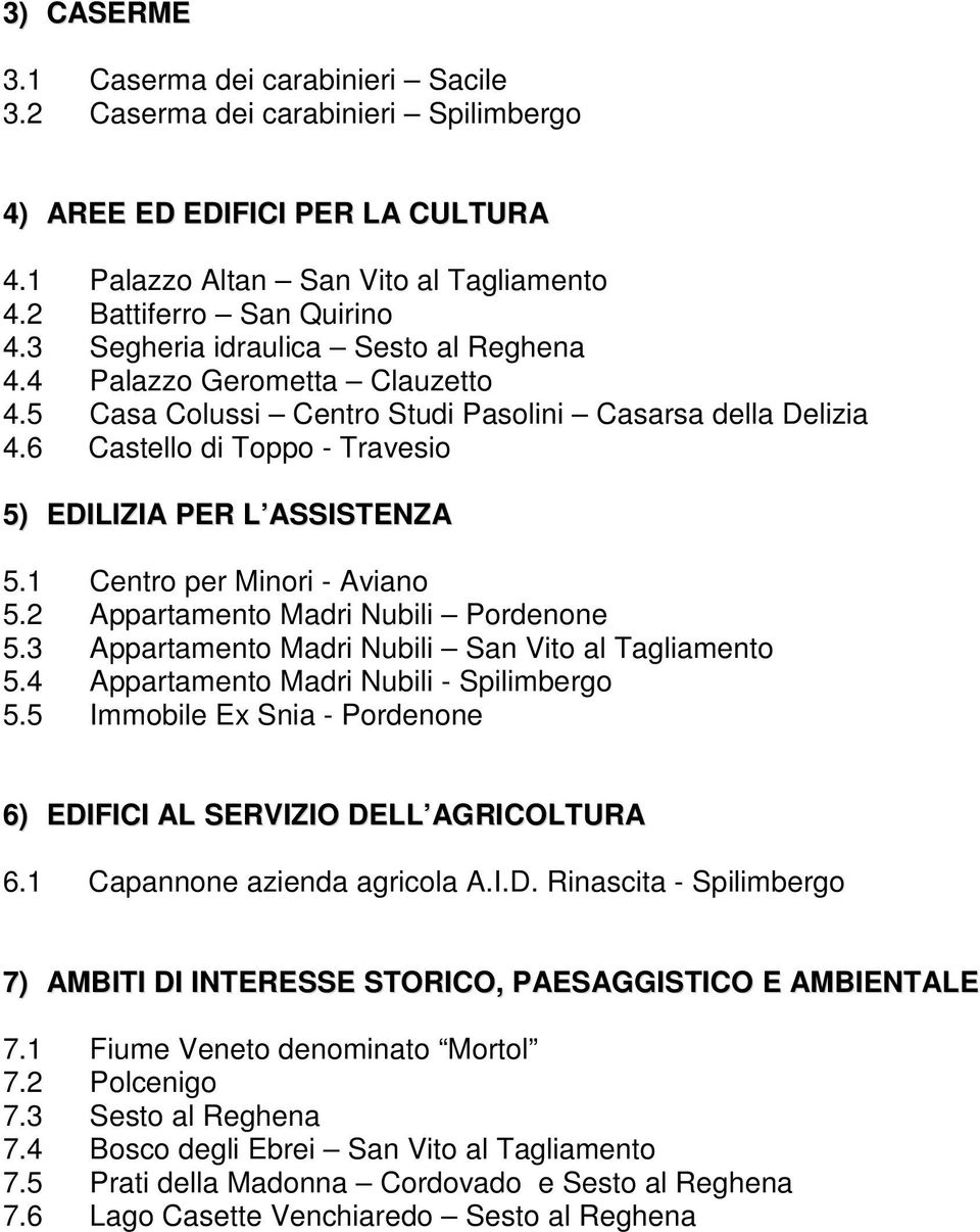 1 Centro per Minori - Aviano 5.2 Appartamento Madri Nubili Pordenone 5.3 Appartamento Madri Nubili San Vito al Tagliamento 5.4 Appartamento Madri Nubili - Spilimbergo 5.