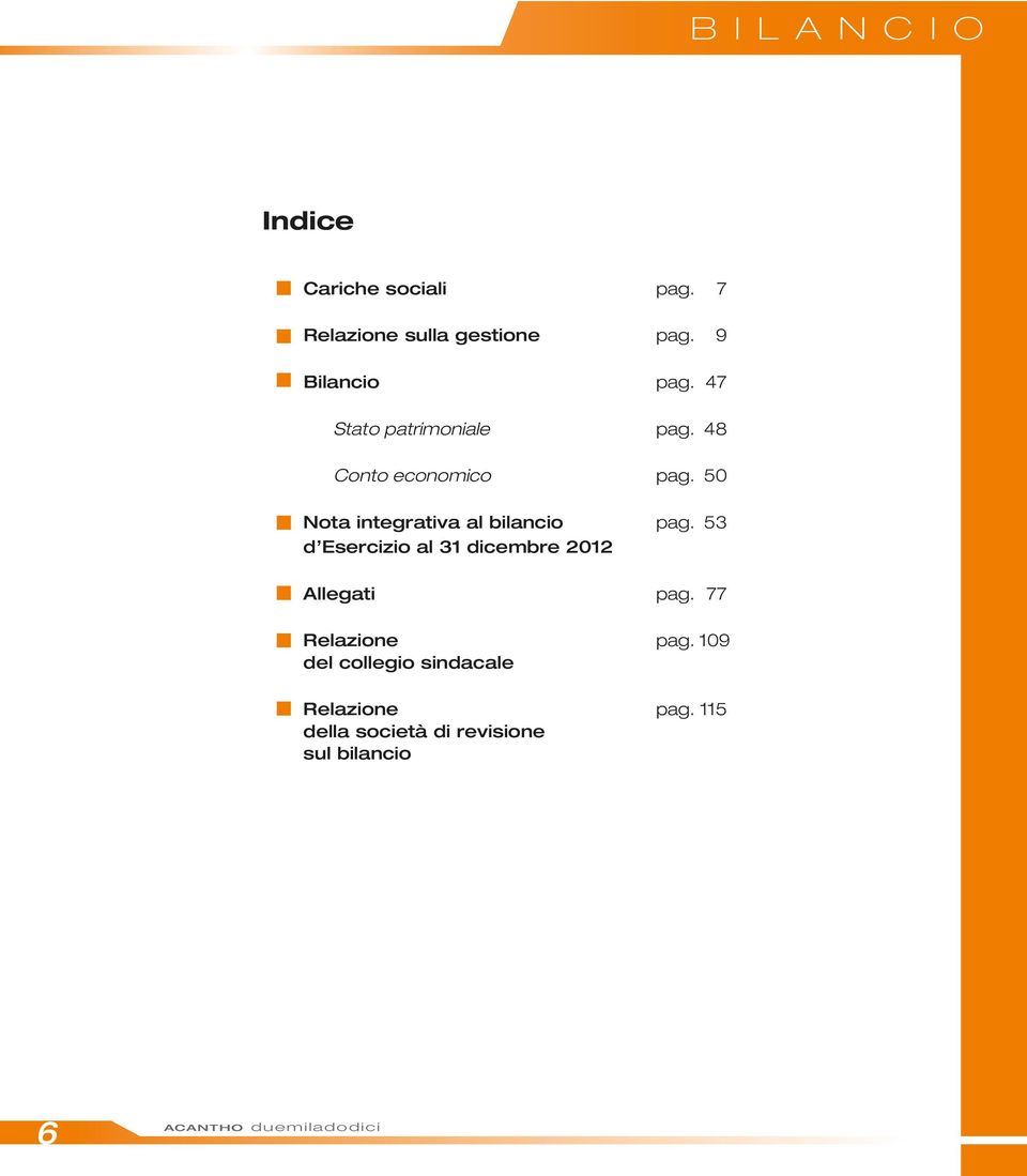 50 Nota integrativa al bilancio pag. 53 d Esercizio al 31 dicembre 2012 Allegati pag.