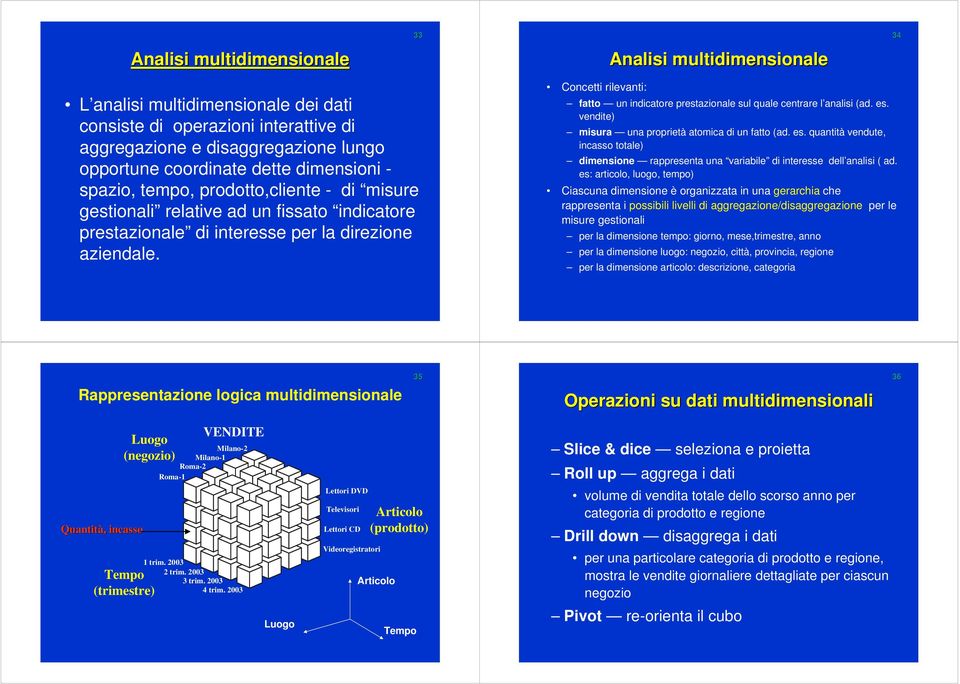 Concetti rilevanti: fatto un indicatore prestazionale sul quale centrare l analisi (ad. es. vendite) misura una proprietà atomica di un fatto (ad. es. quantità vendute, incasso totale) dimensione rappresenta una variabile di interesse dell analisi ( ad.