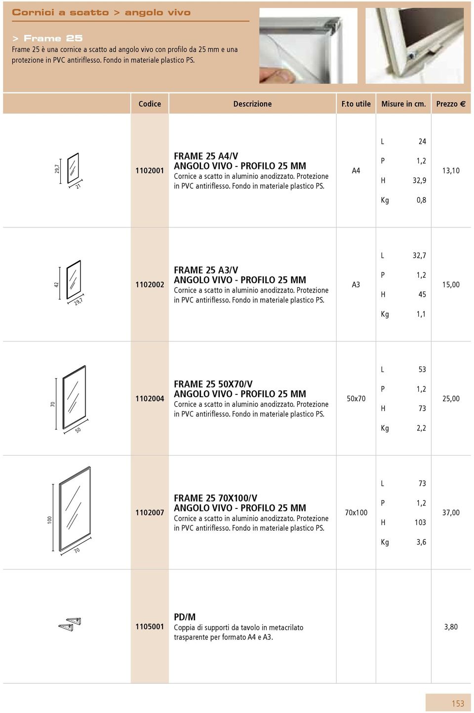 Prezzo E L 24 29,7 21 1102001 frame 25 /v Angolo vivo - profilo 25 mm P 1,2 H 32,9 13,10 Kg 0,8 L 32,7 42 29,7 1102002 frame 25 /v Angolo vivo - profilo