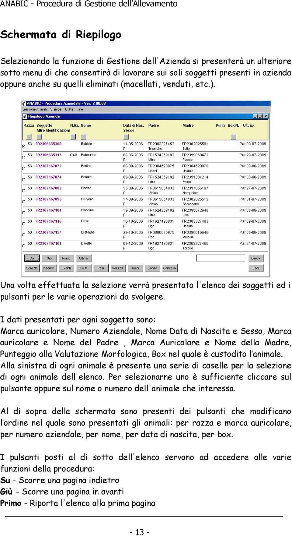 I dati presentati per ogni soggetto sono: Marca auricolare, Numero Aziendale, Nome Data di Nascita e Sesso, Marca auricolare e Nome del Padre, Marca Auricolare e Nome della Madre, Punteggio alla