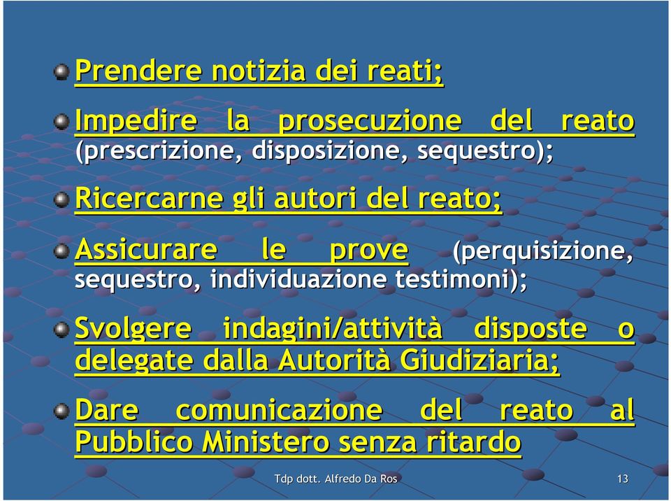 (perquisizione, sequestro, individuazione testimoni); Svolgere indagini/attività