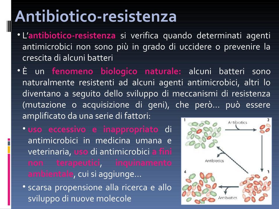 meccanismi di resistenza (mutazione o acquisizione di geni), che però può essere amplificato da una serie di fattori: uso eccessivo e inappropriato di antimicrobici in