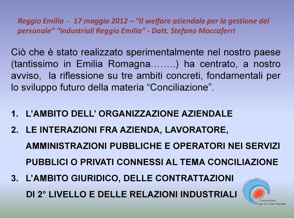 Conciliazione. 1. L AMBITO DELL ORGANIZZAZIONE AZIENDALE 2.