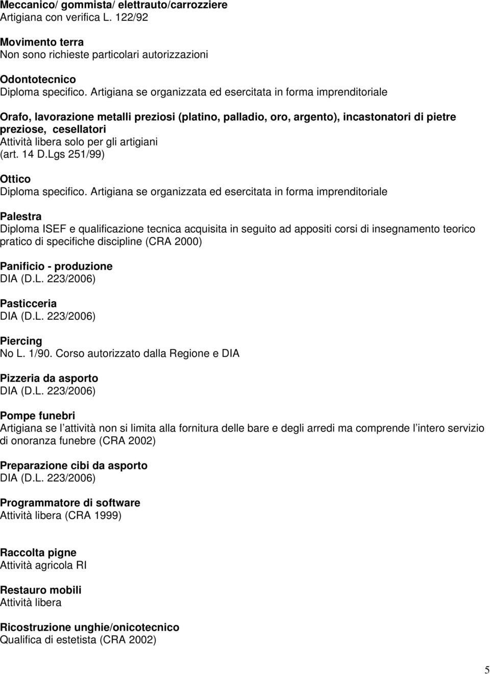 artigiani (art. 14 D.Lgs 251/99) Ottico Diploma specifico.