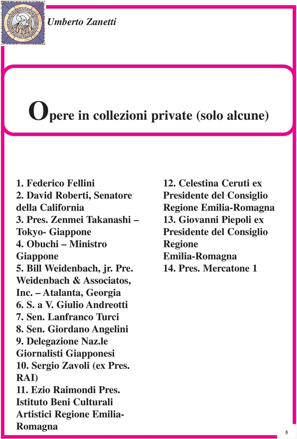 Delegazione Naz.le Giornalisti Giapponesi 10. Sergio Zavoli (ex Pres. RAI) 11. Ezio Raimondi Pres. Istituto Beni Culturali Artistici Regione Emilia- Romagna 12.