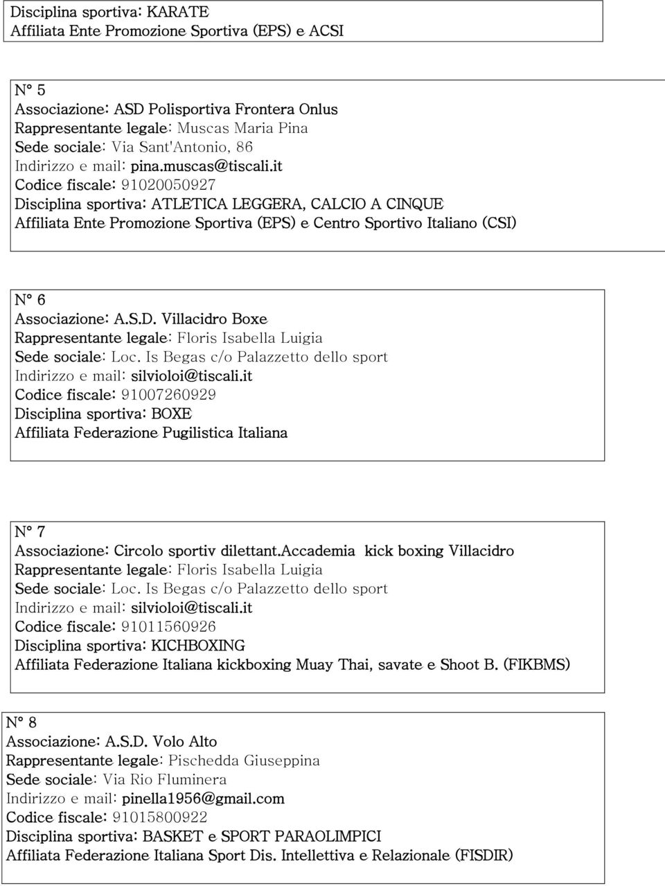 it Codice fiscale: 91020050927 Disciplina sportiva: ATLETICA LEGGERA, CALCIO A CINQUE Affiliata Ente Promozione Sportiva (EPS) e Centro Sportivo Italiano (CSI) N 6 Associazione: A.S.D. Villacidro Boxe Rappresentante legale: Floris Isabella Luigia Sede sociale: Loc.