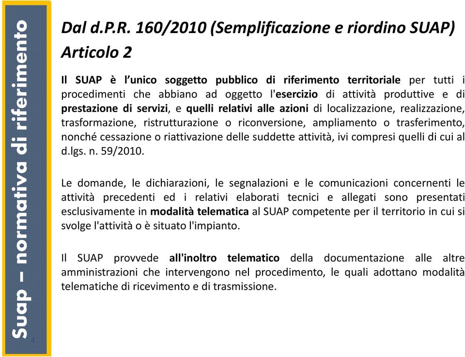 ferimento 4 Dal d.p.r. 160/2010 (Semplificazione e riordino SUAP) Articolo 2 Il SUAP è l unico soggetto pubblico di riferimento territoriale per tutti i procedimenti che abbiano ad oggetto