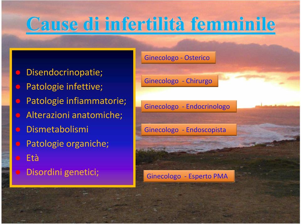 Dismetabolismi Patologie organiche; Età Disordini genetici; Ginecologo -