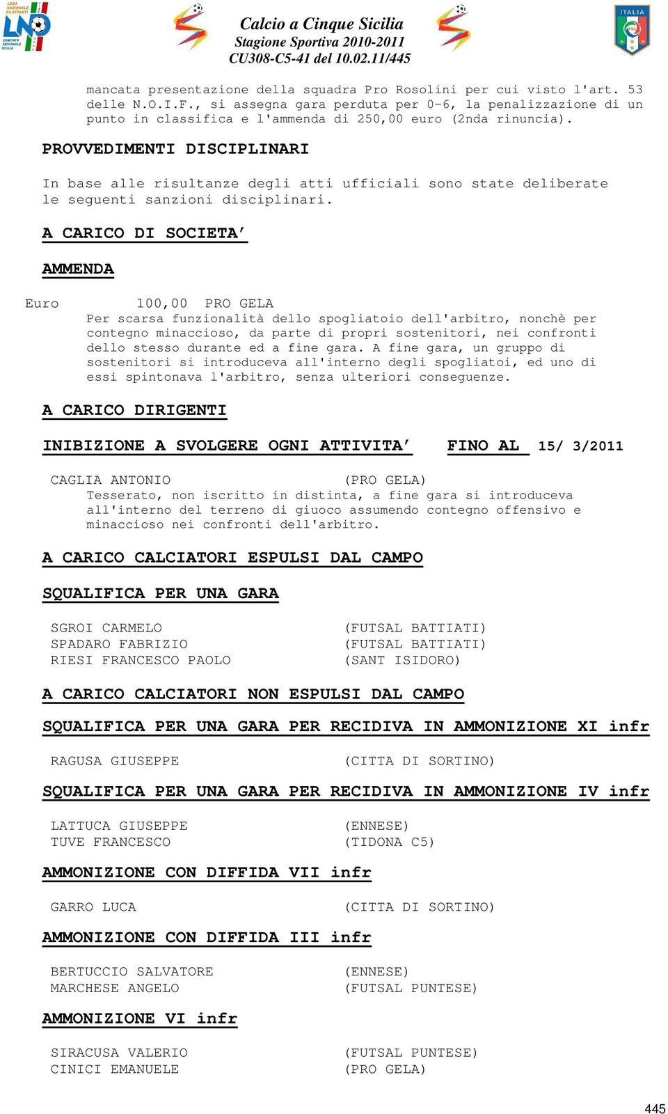 PROVVEDIMENTI DISCIPLINARI In base alle risultanze degli atti ufficiali sono state deliberate le seguenti sanzioni disciplinari.