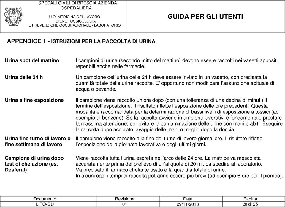 Un campione dell urina delle 24 h deve essere inviato in un vasetto, con precisata la quantità totale delle urine raccolte. E' opportuno non modificare l'assunzione abituale di acqua o bevande.