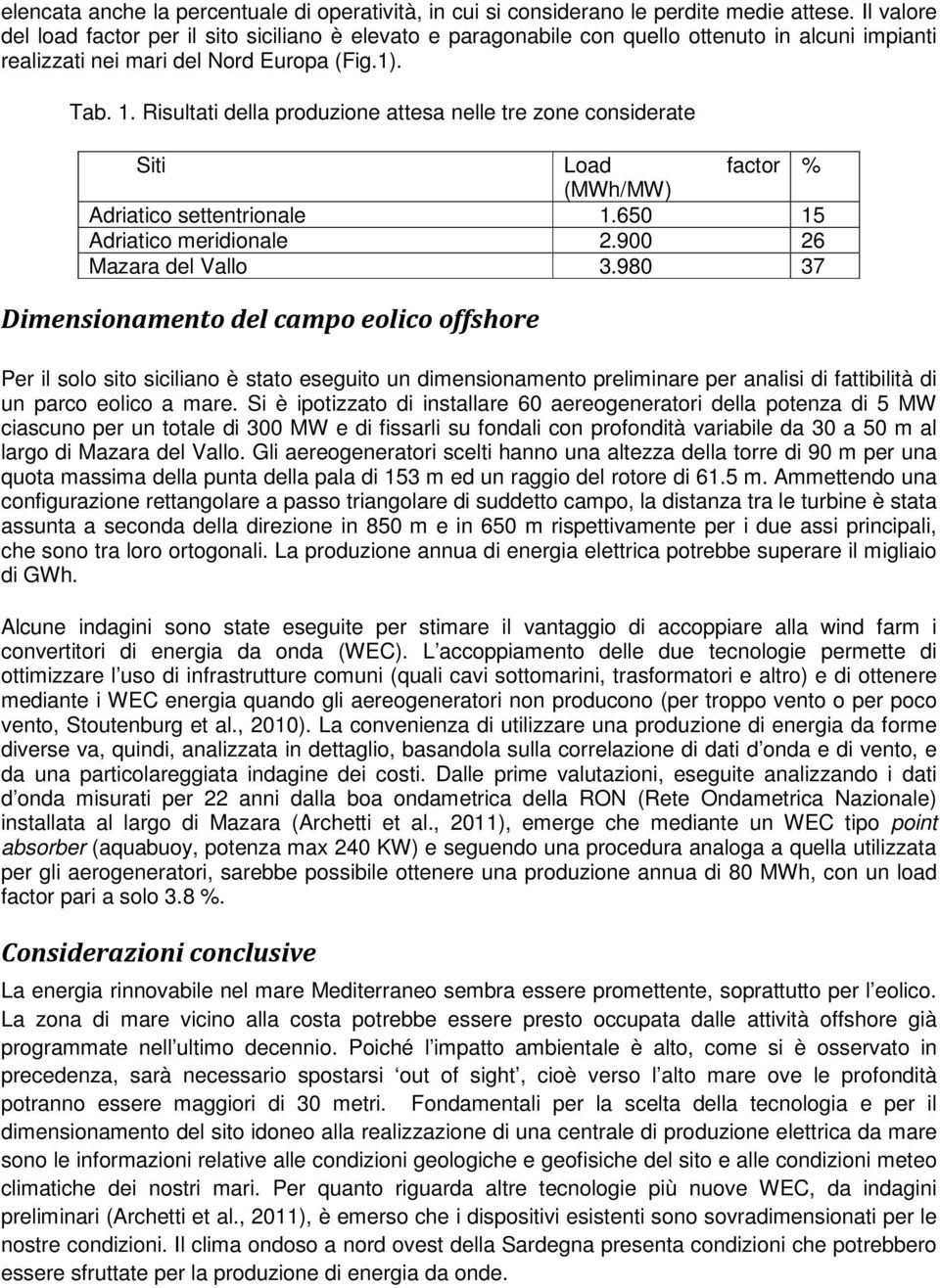 Risultati della produzione attesa nelle tre zone considerate Siti Load factor % (MWh/MW) Adriatico settentrionale 1.650 15 Adriatico meridionale 2.900 26 Mazara del Vallo 3.