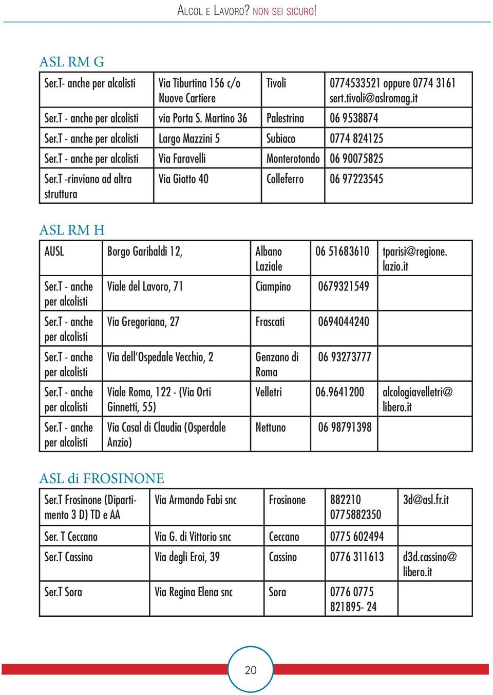 T -rinviano ad altra struttura ASL RM H Via Giotto 40 Colleferro 06 97223545 AUSL Borgo Garibaldi 12, Albano Laziale Ser.T - anche per alcolisti Ser.