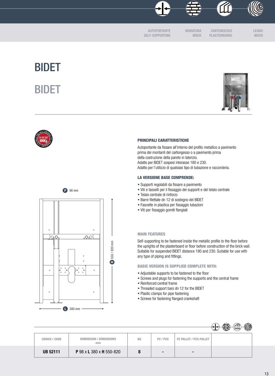 98 Supporti regolabili da fissare a pavimento Viti e tasselli per il fissaggio dei supporti e del telaio centrale Telaio centrale di rinforzo Barre filettate dn 12 di sostegno del BIDET Fascette in