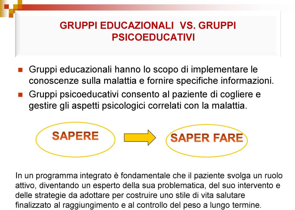 Gruppi psicoeducativi consento al paziente di cogliere e gestire gli aspetti psicologici correlati con la malattia.